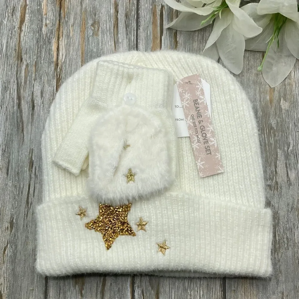 Girls Starry Night Winter Cozy Faux Fur Hat & Gloves 2-Piece Set